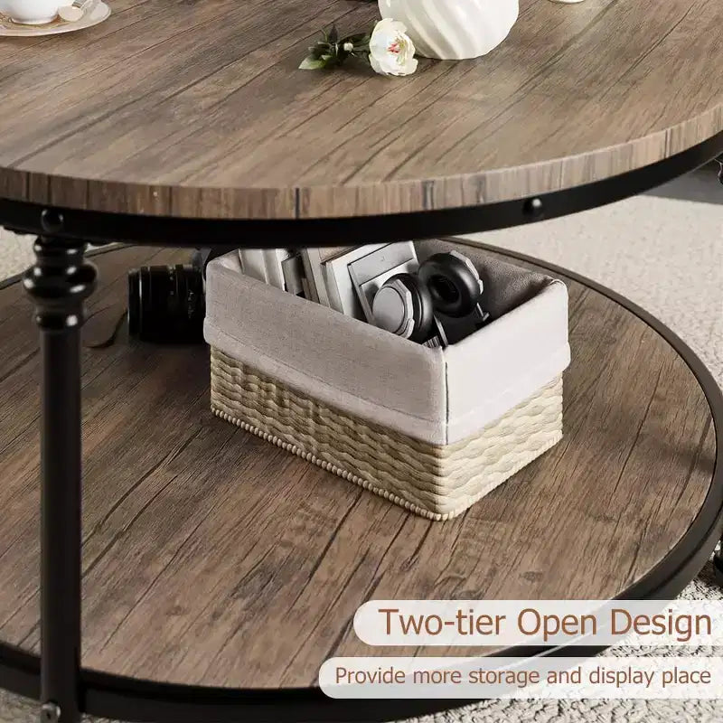 Coffee Table, 34.5'/30.5' Round Coffee Table with 2-Tier Storage Shelf - Rustic Wood Grain Brown, Metal Frame (Living Room/Reception)