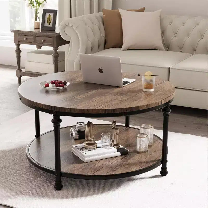 Coffee Table, 34.5'/30.5' Round Coffee Table with 2-Tier Storage Shelf - Rustic Wood Grain Brown, Metal Frame (Living Room/Reception)