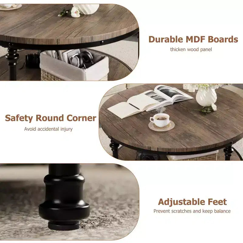 Coffee Table, 34.5'/30.5' Round Coffee Table with 2-Tier Storage Shelf - Rustic Wood Grain Brown, Metal Frame (Living Room/Reception)