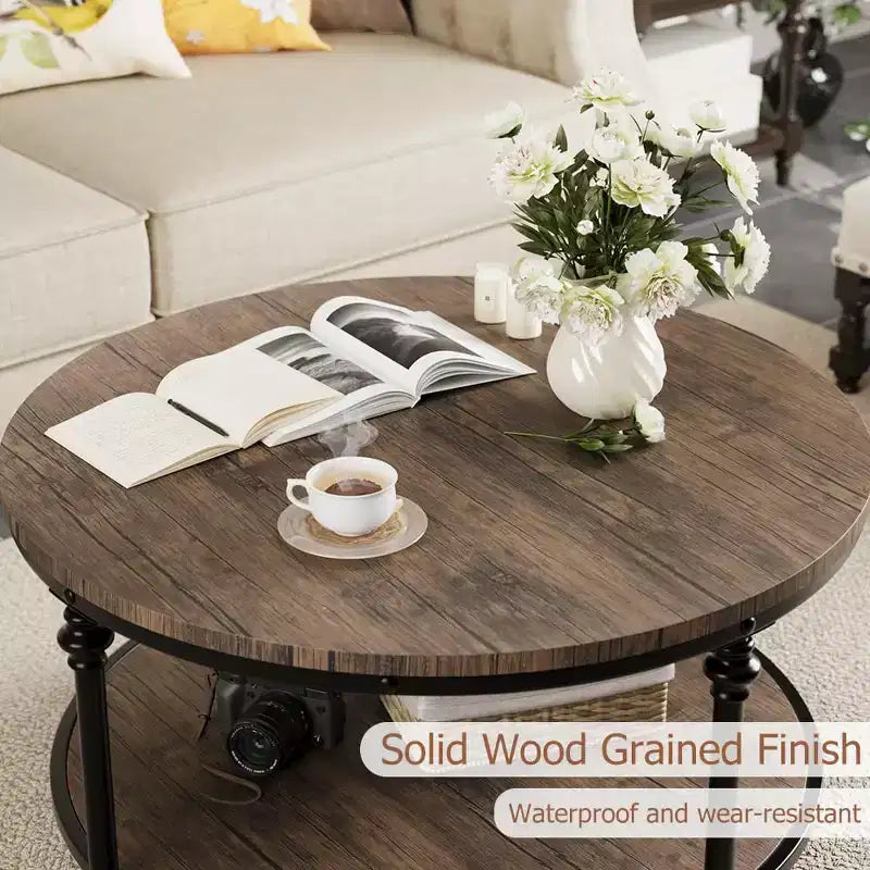 Coffee Table, 34.5'/30.5' Round Coffee Table with 2-Tier Storage Shelf - Rustic Wood Grain Brown, Metal Frame (Living Room/Reception)