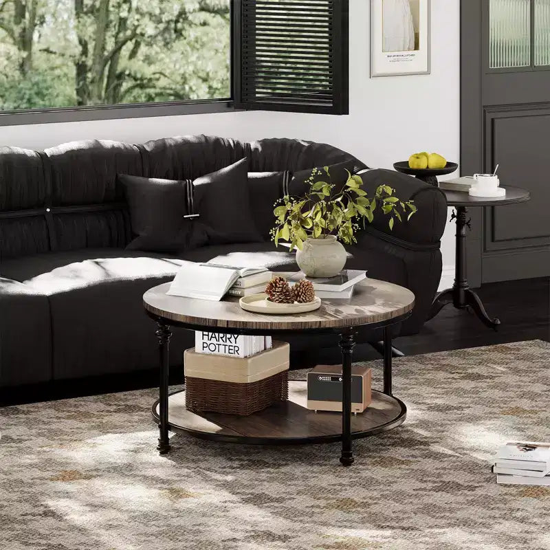 Coffee Table, 34.5'/30.5' Round Coffee Table with 2-Tier Storage Shelf - Rustic Wood Grain Brown, Metal Frame (Living Room/Reception)