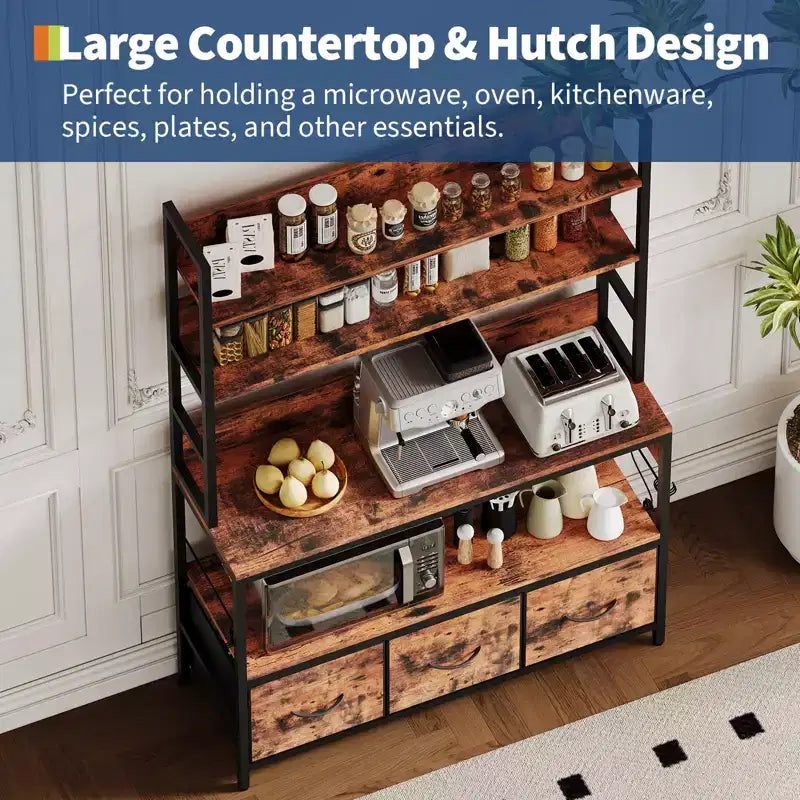 5-Tier Vintage Brown Kitchen Bakers Rack with Charging Station & Drawers C Industrial Microwave Stand/Farmhouse Coffee Bar for Kitchen/Office