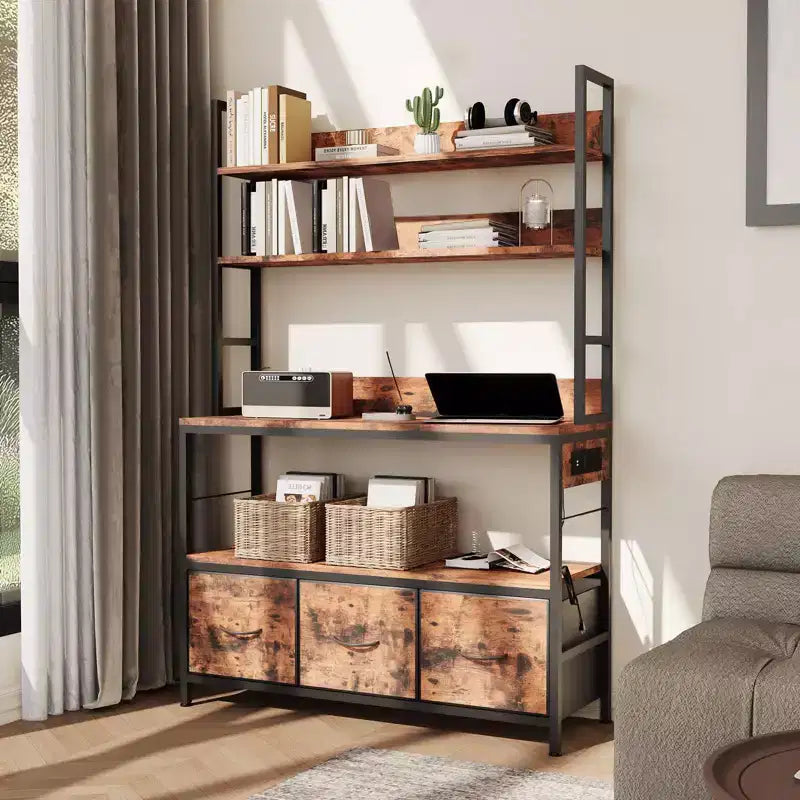 5-Tier Vintage Brown Kitchen Bakers Rack with Charging Station & Drawers C Industrial Microwave Stand/Farmhouse Coffee Bar for Kitchen/Office