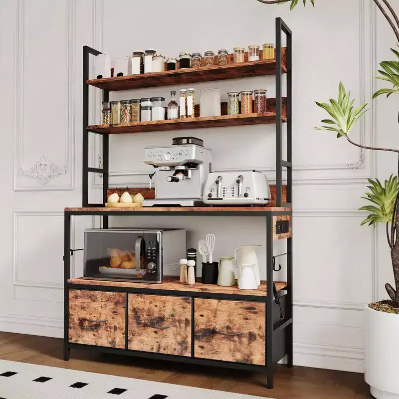 5-Tier Vintage Brown Kitchen Bakers Rack with Charging Station & Drawers C Industrial Microwave Stand/Farmhouse Coffee Bar for Kitchen/Office
