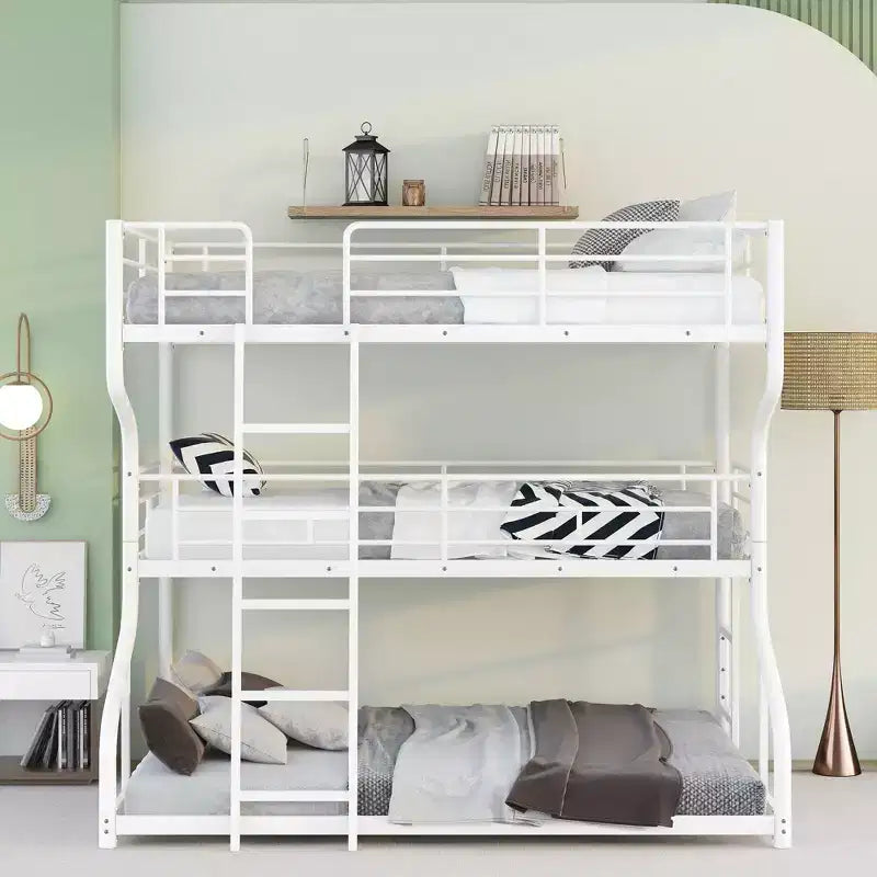 Okak Full over Twin over Queen Size Triple Bunk Bed, Heavy Duty Kids Bunk Beds with 2 Ladders, Bed Frames for Bedroom, Domitory