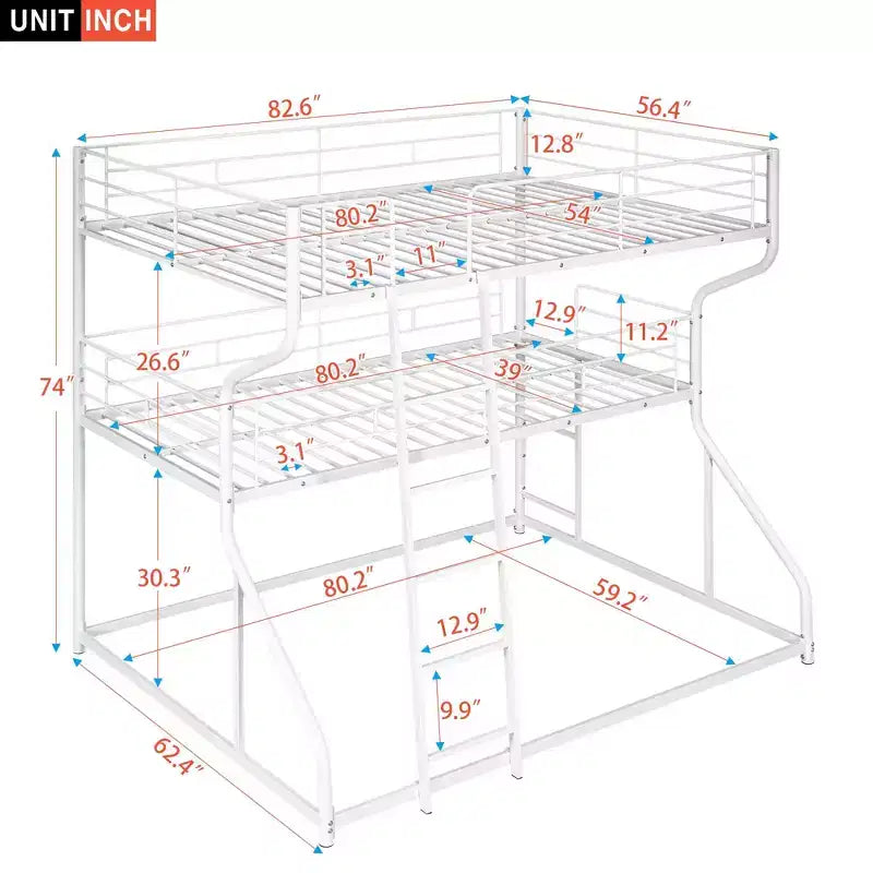 Okak Full over Twin over Queen Size Triple Bunk Bed, Heavy Duty Kids Bunk Beds with 2 Ladders, Bed Frames for Bedroom, Domitory