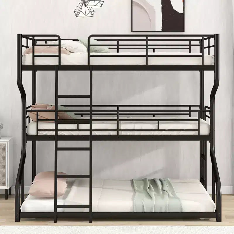 Okak Full over Twin over Queen Size Triple Bunk Bed, Heavy Duty Kids Bunk Beds with 2 Ladders, Bed Frames for Bedroom, Domitory