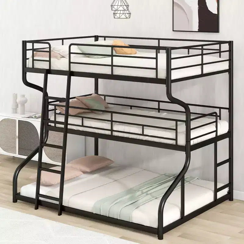 Okak Full over Twin over Queen Size Triple Bunk Bed, Heavy Duty Kids Bunk Beds with 2 Ladders, Bed Frames for Bedroom, Domitory