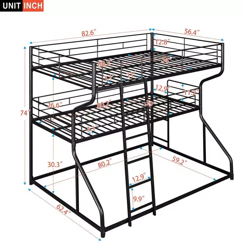 Okak Full over Twin over Queen Size Triple Bunk Bed, Heavy Duty Kids Bunk Beds with 2 Ladders, Bed Frames for Bedroom, Domitory