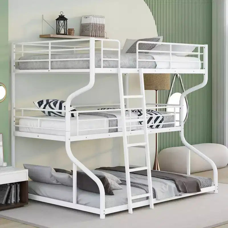 Okak Full over Twin over Queen Size Triple Bunk Bed, Heavy Duty Kids Bunk Beds with 2 Ladders, Bed Frames for Bedroom, Domitory