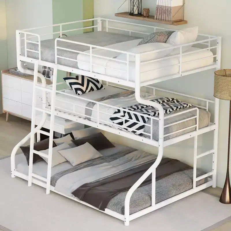 Okak Full over Twin over Queen Size Triple Bunk Bed, Heavy Duty Kids Bunk Beds with 2 Ladders, Bed Frames for Bedroom, Domitory