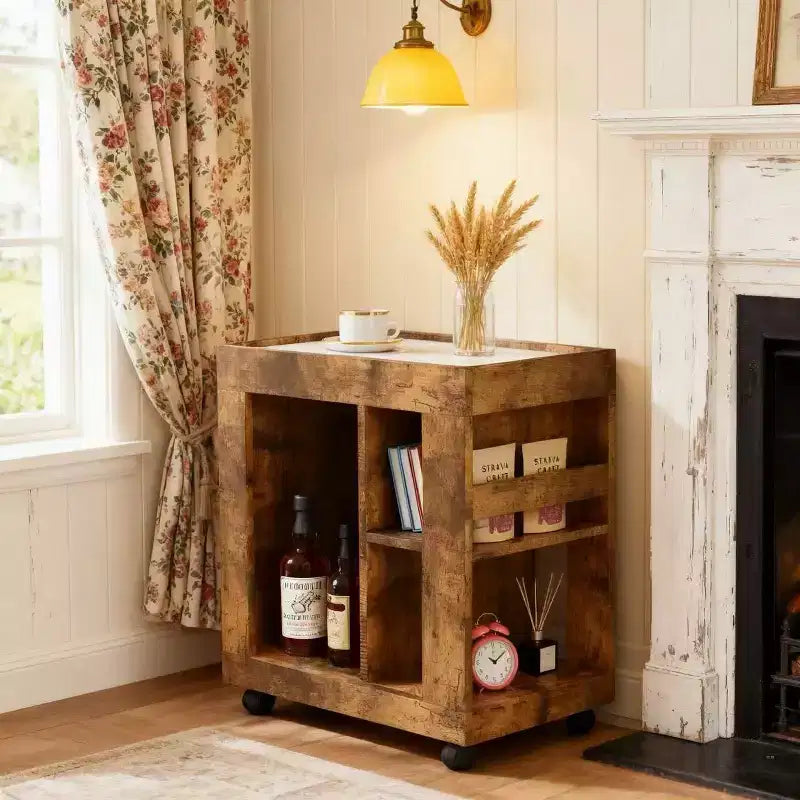 Homy Casa Rustic Bar Cabinet with Marble Top and Wheels, Brown Mobile Storage Cart for Kitchen & Living Room