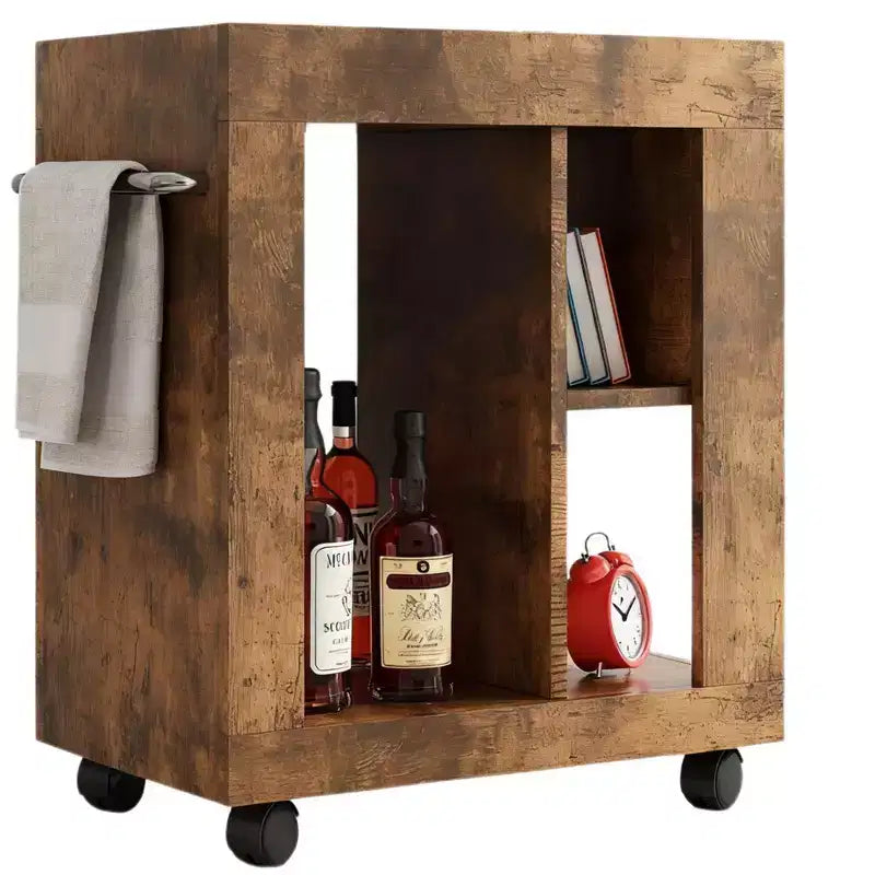 Homy Casa Rustic Bar Cabinet with Marble Top and Wheels, Brown Mobile Storage Cart for Kitchen & Living Room