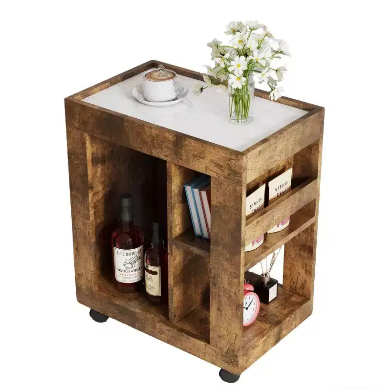 Homy Casa Rustic Bar Cabinet with Marble Top and Wheels, Brown Mobile Storage Cart for Kitchen & Living Room
