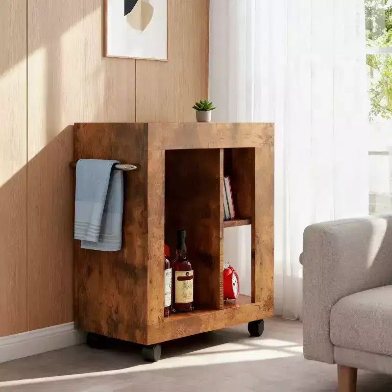 Homy Casa Rustic Bar Cabinet with Marble Top and Wheels, Brown Mobile Storage Cart for Kitchen & Living Room