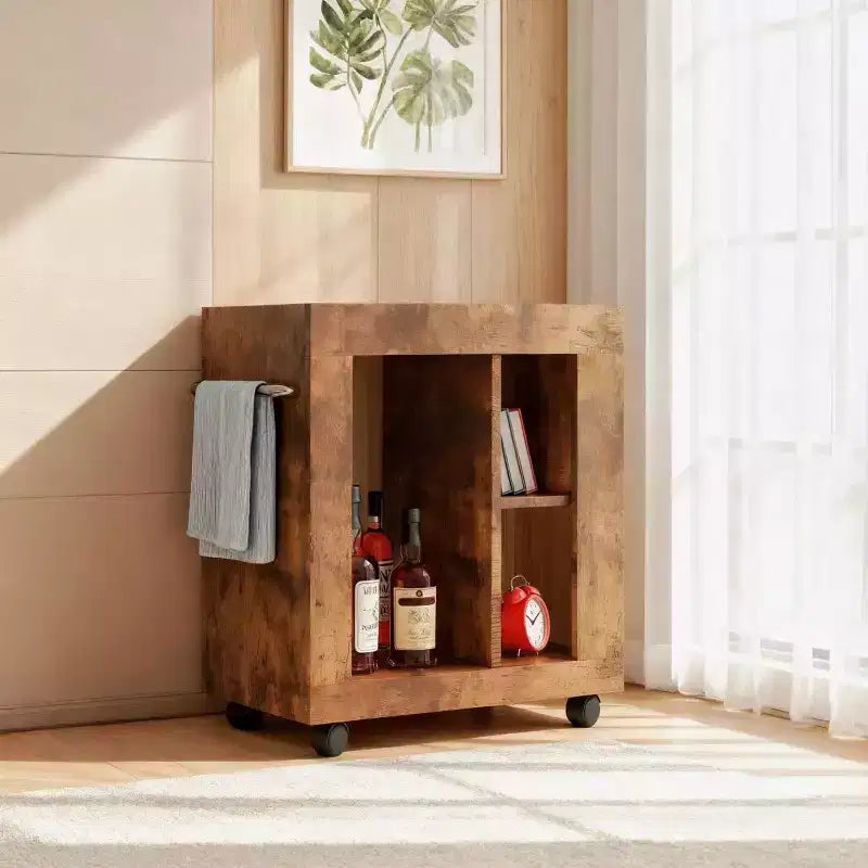 Homy Casa Rustic Bar Cabinet with Marble Top and Wheels, Brown Mobile Storage Cart for Kitchen & Living Room
