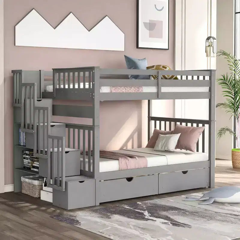 Stairway Full over Full Bunk Bed for Kids, Full Size Bunk Bed Frame with 6 Storage Drawer and Guard Rail for Bedroom Dorm
