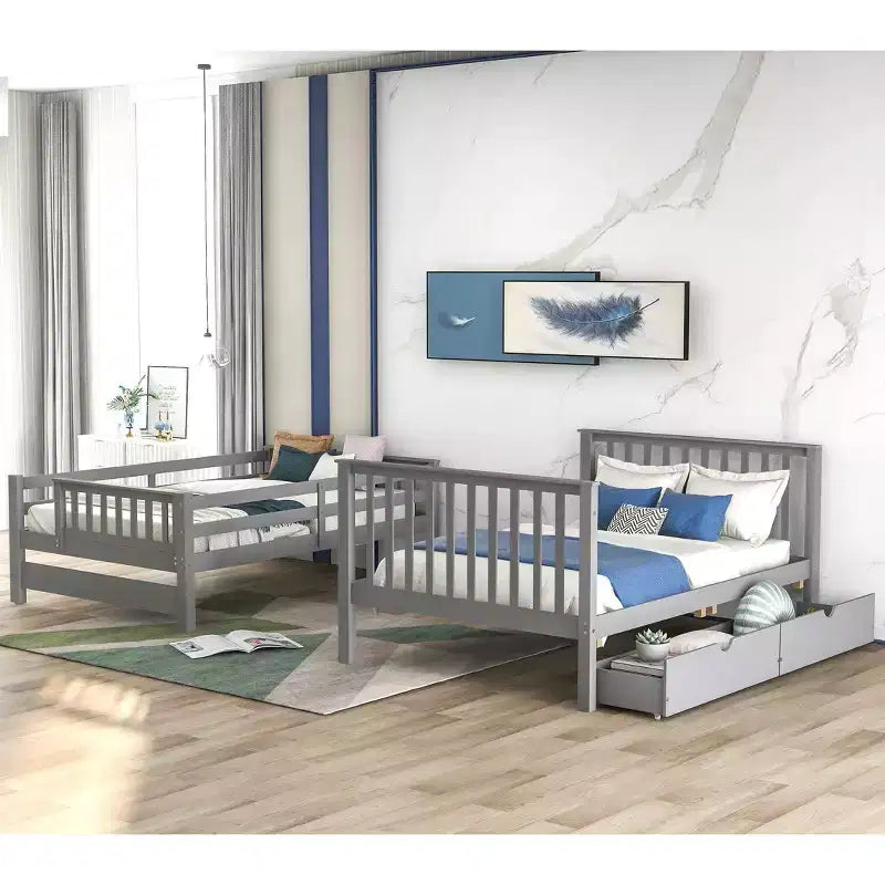 Stairway Full over Full Bunk Bed for Kids, Full Size Bunk Bed Frame with 6 Storage Drawer and Guard Rail for Bedroom Dorm