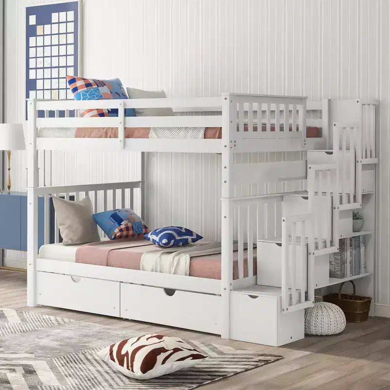Stairway Full over Full Bunk Bed for Kids, Full Size Bunk Bed Frame with 6 Storage Drawer and Guard Rail for Bedroom Dorm