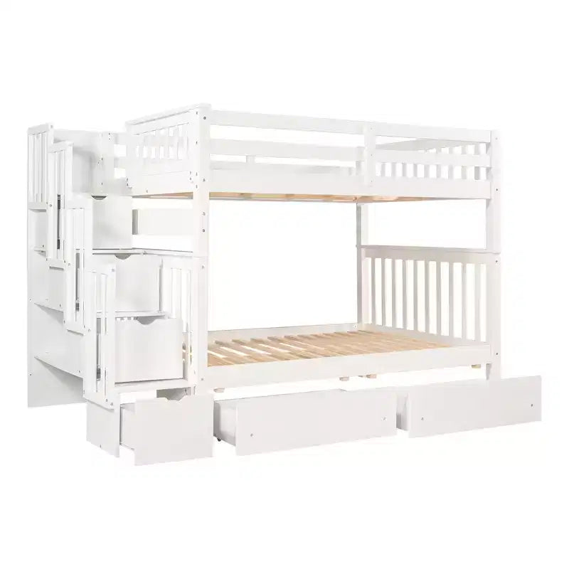 Stairway Full over Full Bunk Bed for Kids, Full Size Bunk Bed Frame with 6 Storage Drawer and Guard Rail for Bedroom Dorm