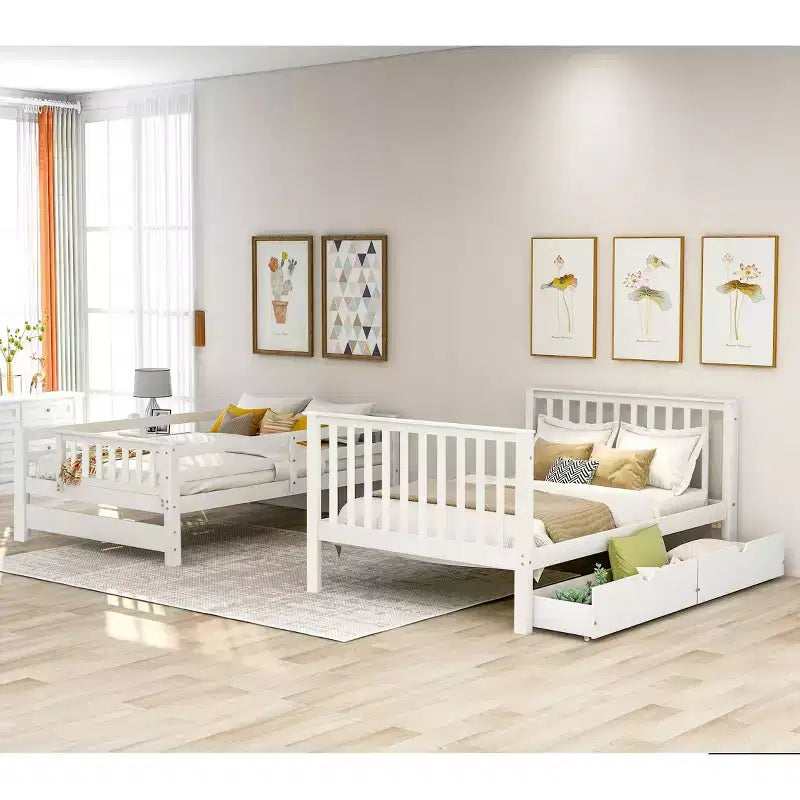 Stairway Full over Full Bunk Bed for Kids, Full Size Bunk Bed Frame with 6 Storage Drawer and Guard Rail for Bedroom Dorm