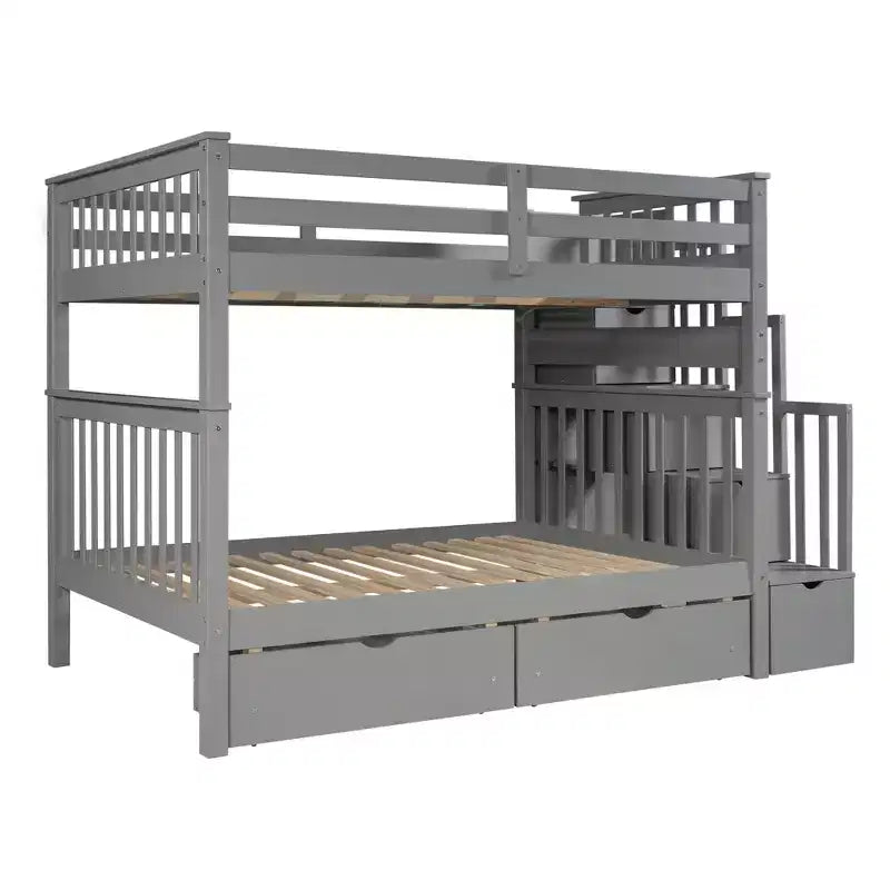 Stairway Full over Full Bunk Bed for Kids, Full Size Bunk Bed Frame with 6 Storage Drawer and Guard Rail for Bedroom Dorm