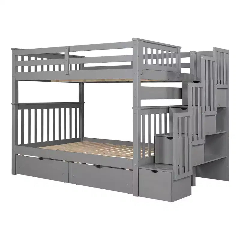 Stairway Full over Full Bunk Bed for Kids, Full Size Bunk Bed Frame with 6 Storage Drawer and Guard Rail for Bedroom Dorm