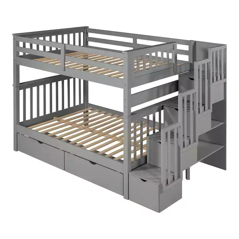 Stairway Full over Full Bunk Bed for Kids, Full Size Bunk Bed Frame with 6 Storage Drawer and Guard Rail for Bedroom Dorm
