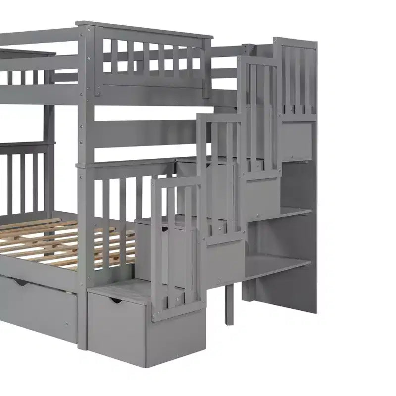 Stairway Full over Full Bunk Bed for Kids, Full Size Bunk Bed Frame with 6 Storage Drawer and Guard Rail for Bedroom Dorm