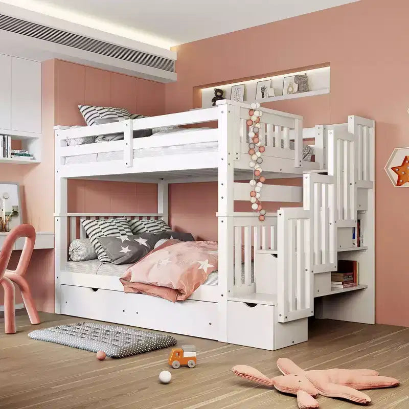 Stairway Full over Full Bunk Bed for Kids, Full Size Bunk Bed Frame with 6 Storage Drawer and Guard Rail for Bedroom Dorm