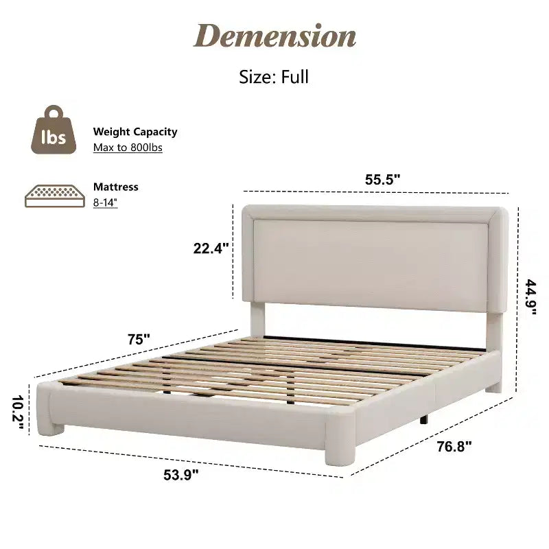 Dyonery Queen-size bed frame, modern Cream bed frame with adjustable headboard, rounded soft corners, no spring mattress required, easy assembly.