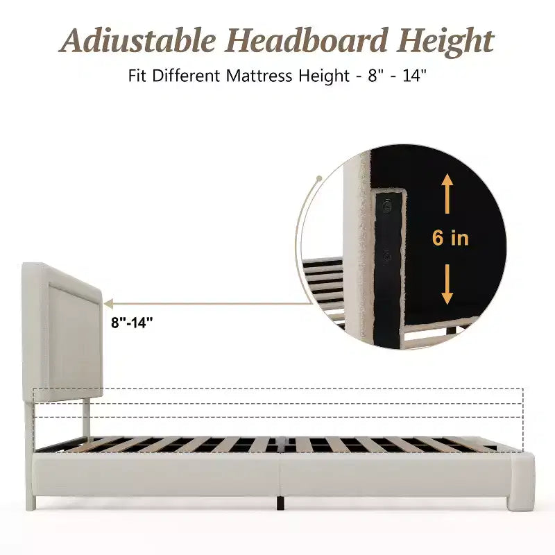 Dyonery Queen-size bed frame, modern Cream bed frame with adjustable headboard, rounded soft corners, no spring mattress required, easy assembly.
