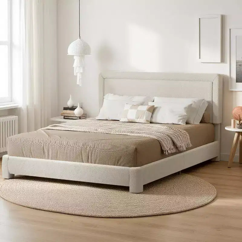 Dyonery Queen-size bed frame, modern Cream bed frame with adjustable headboard, rounded soft corners, no spring mattress required, easy assembly.