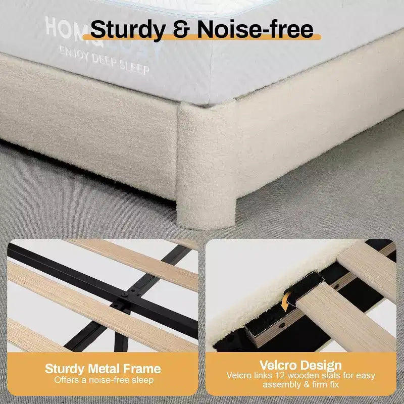 Dyonery Queen-size bed frame, modern Cream bed frame with adjustable headboard, rounded soft corners, no spring mattress required, easy assembly.