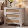 Set of 2 Rattan Nightstands, 3-Drawer Boho Wicker Bedside Tables with Golden Handles, Large Wood Side Tables for Bedroom & Living Room,White