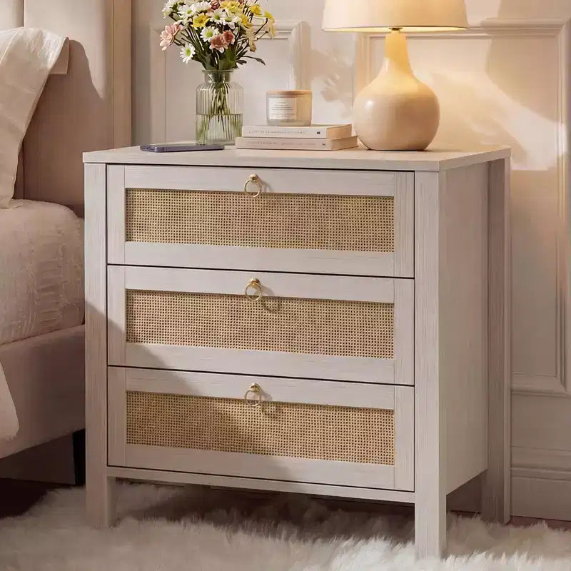 Set of 2 Rattan Nightstands, 3-Drawer Boho Wicker Bedside Tables with Golden Handles, Large Wood Side Tables for Bedroom & Living Room,White