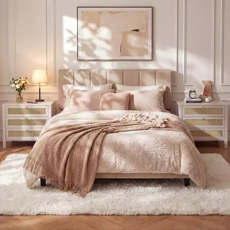 Set of 2 Rattan Nightstands, 3-Drawer Boho Wicker Bedside Tables with Golden Handles, Large Wood Side Tables for Bedroom & Living Room,White