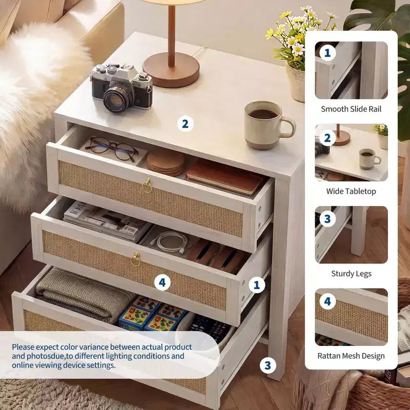 Set of 2 Rattan Nightstands, 3-Drawer Boho Wicker Bedside Tables with Golden Handles, Large Wood Side Tables for Bedroom & Living Room,White