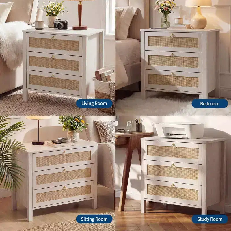 Set of 2 Rattan Nightstands, 3-Drawer Boho Wicker Bedside Tables with Golden Handles, Large Wood Side Tables for Bedroom & Living Room,White