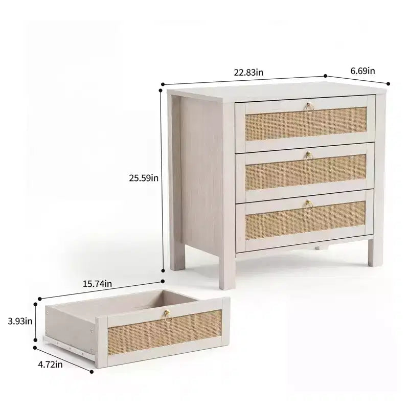 Set of 2 Rattan Nightstands, 3-Drawer Boho Wicker Bedside Tables with Golden Handles, Large Wood Side Tables for Bedroom & Living Room,White