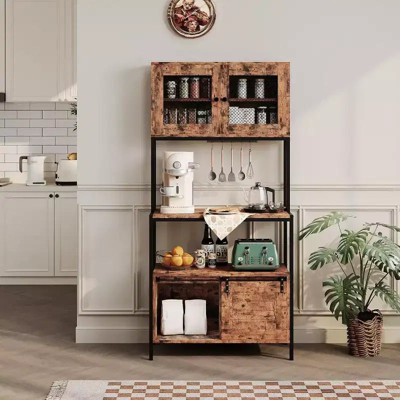 5-Tier Industrial Microwave Stand With Cabinets and Open Shelves, Kitchen Bakers Rack With Power Outlet, Farmhouse Coffee Bar For Dining Room, Brown
