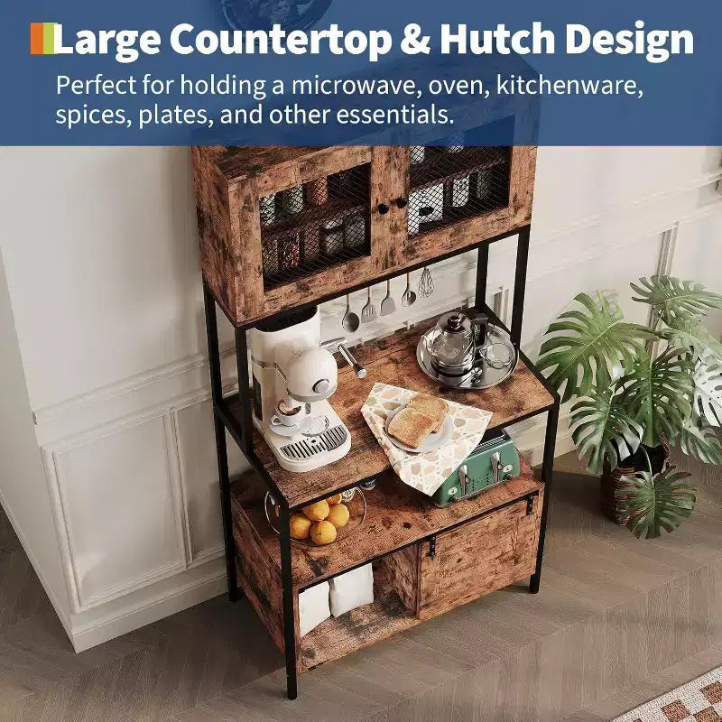 5-Tier Industrial Microwave Stand With Cabinets and Open Shelves, Kitchen Bakers Rack With Power Outlet, Farmhouse Coffee Bar For Dining Room, Brown