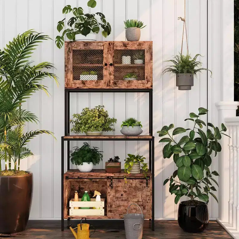 5-Tier Industrial Microwave Stand With Cabinets and Open Shelves, Kitchen Bakers Rack With Power Outlet, Farmhouse Coffee Bar For Dining Room, Brown