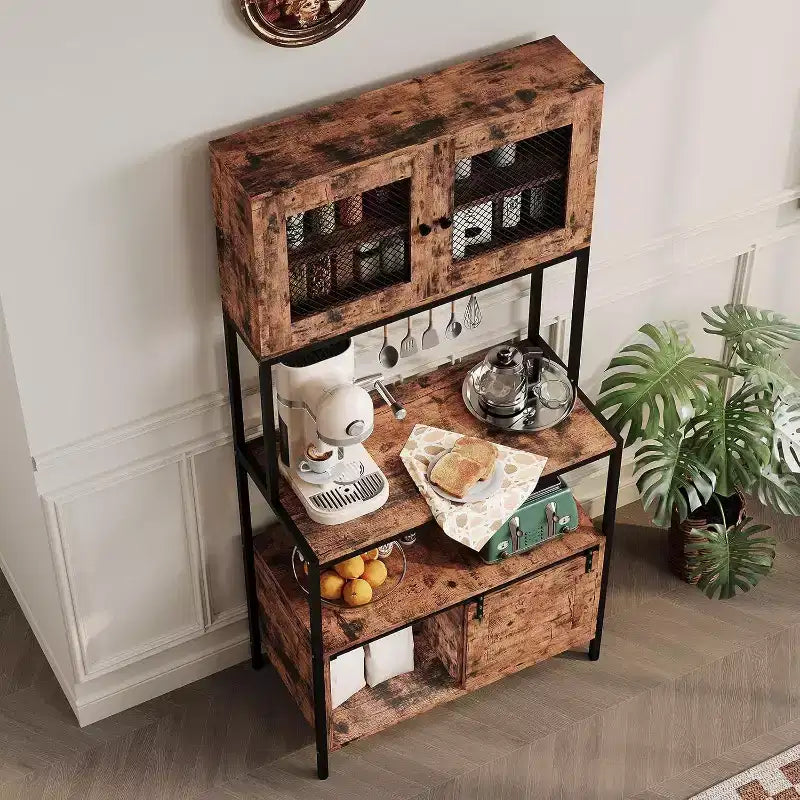 5-Tier Industrial Microwave Stand With Cabinets and Open Shelves, Kitchen Bakers Rack With Power Outlet, Farmhouse Coffee Bar For Dining Room, Brown