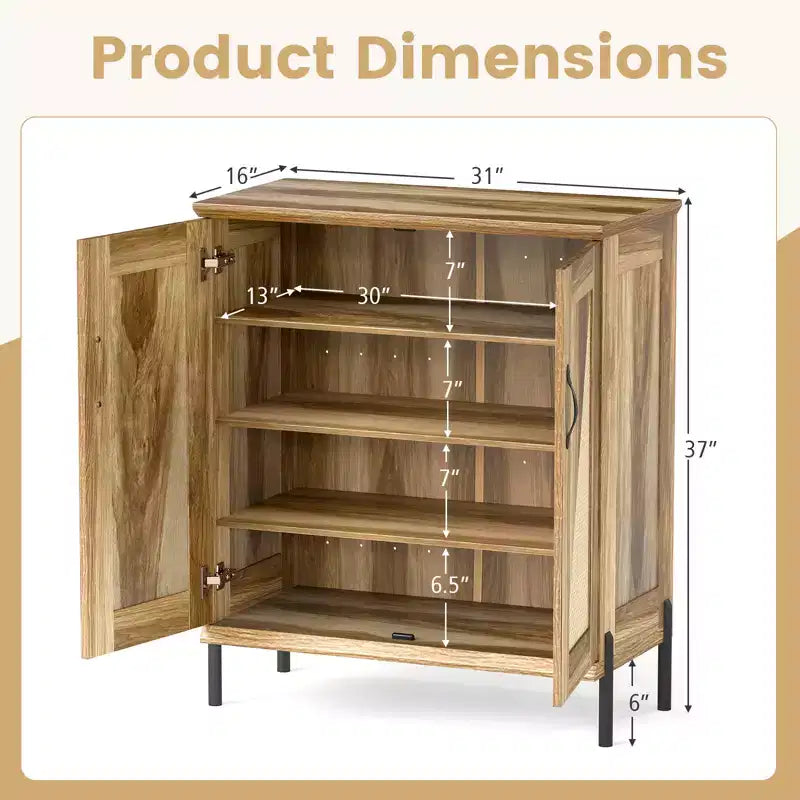 Costway 5-Tier Farmhouse Shoe Cabinet with Woven Rattan Doors, Removable Shelves for Closet