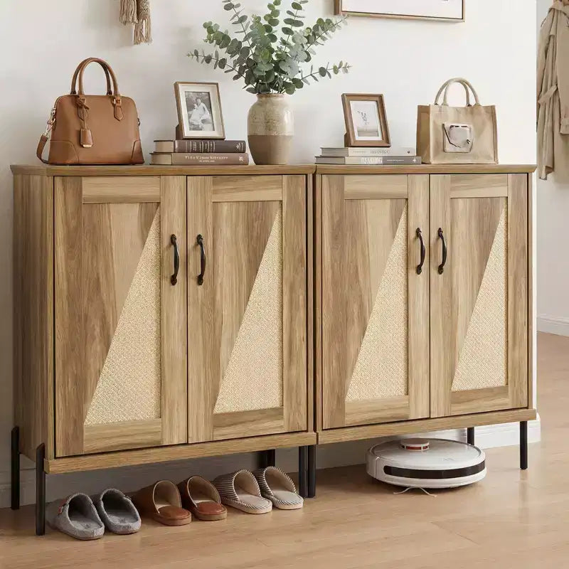 Costway 5-Tier Farmhouse Shoe Cabinet with Woven Rattan Doors, Removable Shelves for Closet