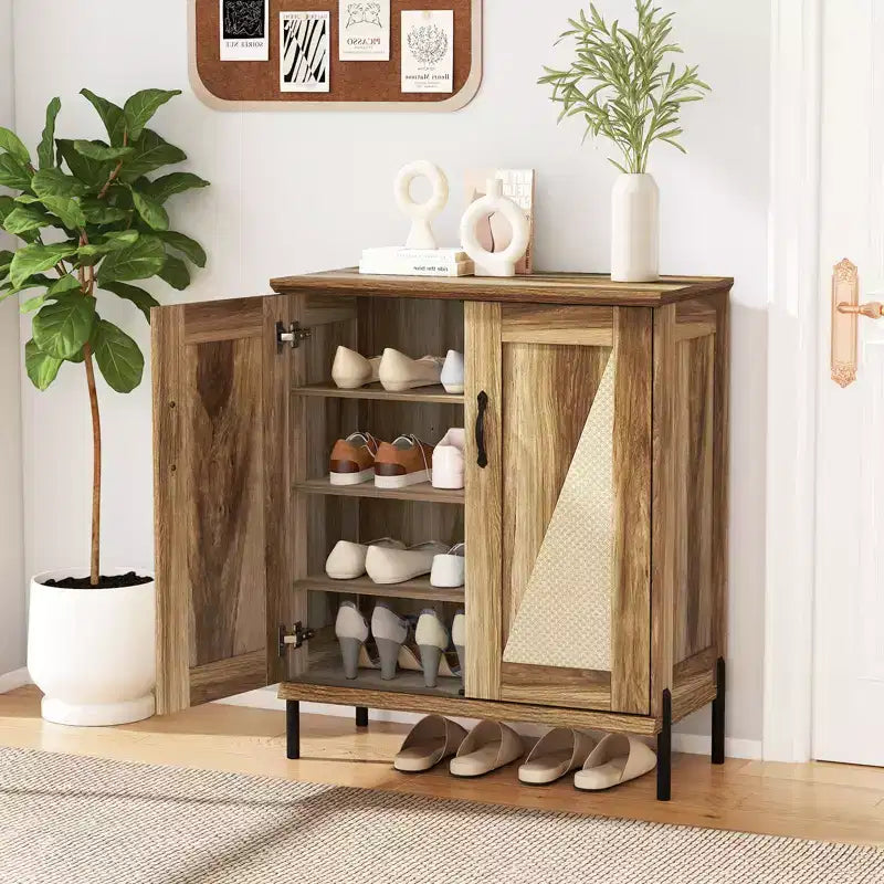 Costway 5-Tier Farmhouse Shoe Cabinet with Woven Rattan Doors, Removable Shelves for Closet