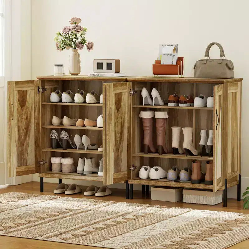Costway 5-Tier Farmhouse Shoe Cabinet with Woven Rattan Doors, Removable Shelves for Closet