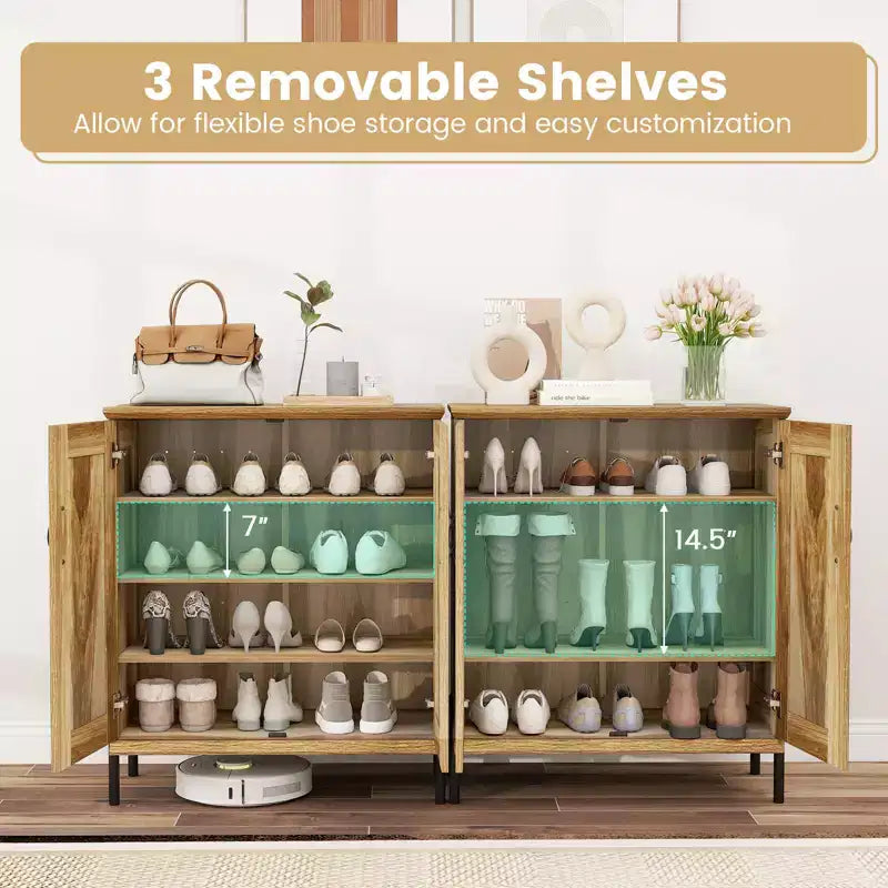 Costway 5-Tier Farmhouse Shoe Cabinet with Woven Rattan Doors, Removable Shelves for Closet