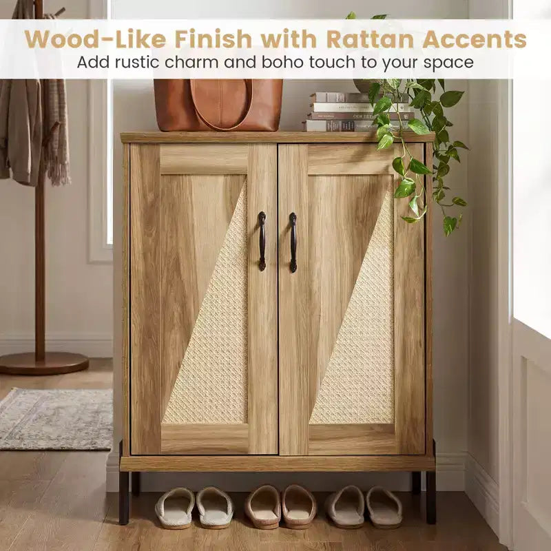 Costway 5-Tier Farmhouse Shoe Cabinet with Woven Rattan Doors, Removable Shelves for Closet